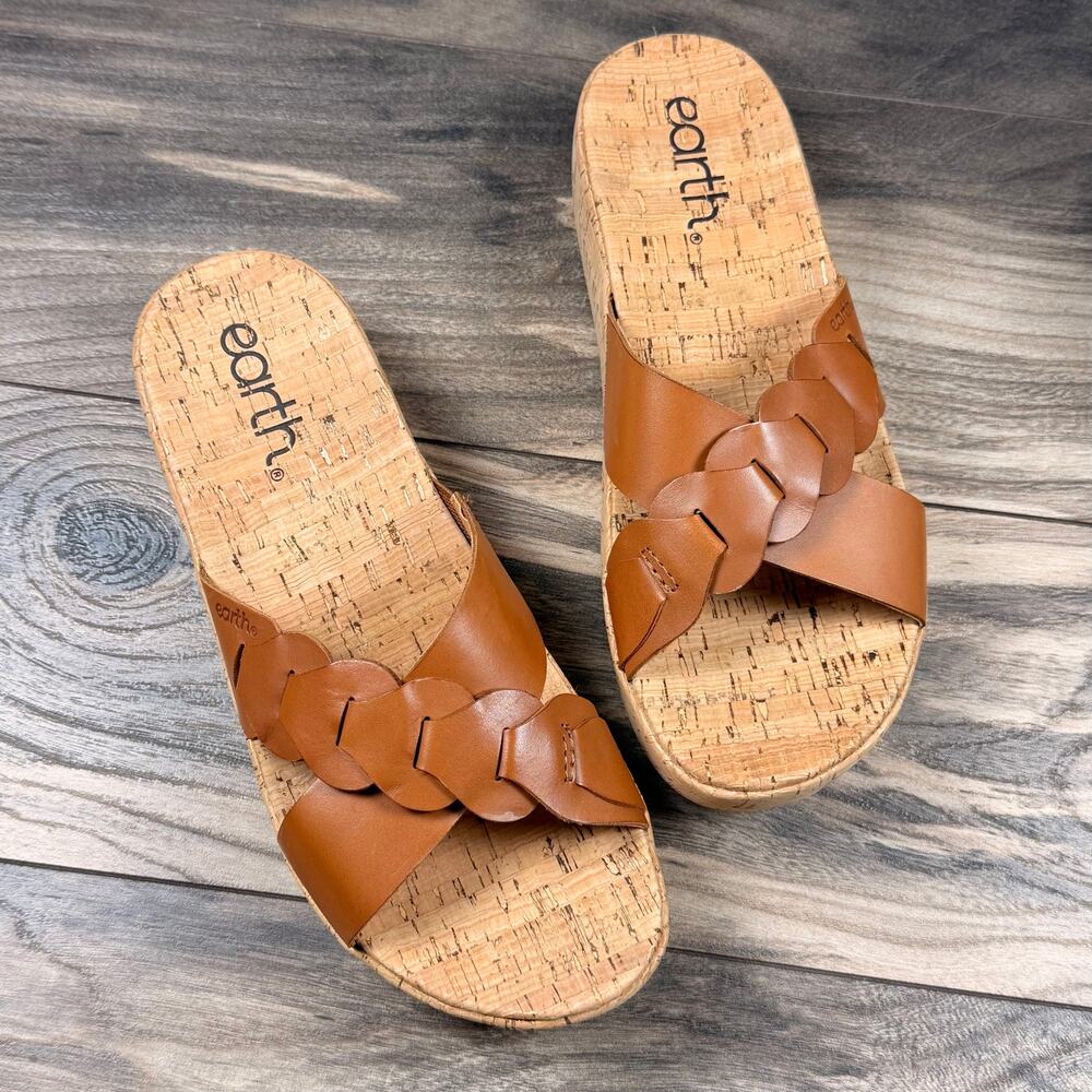 NIB Earth Scotti 8.5M Wedge Platform Comfort Leather Slide Sandals Dark Natural - Picture 2 of 12